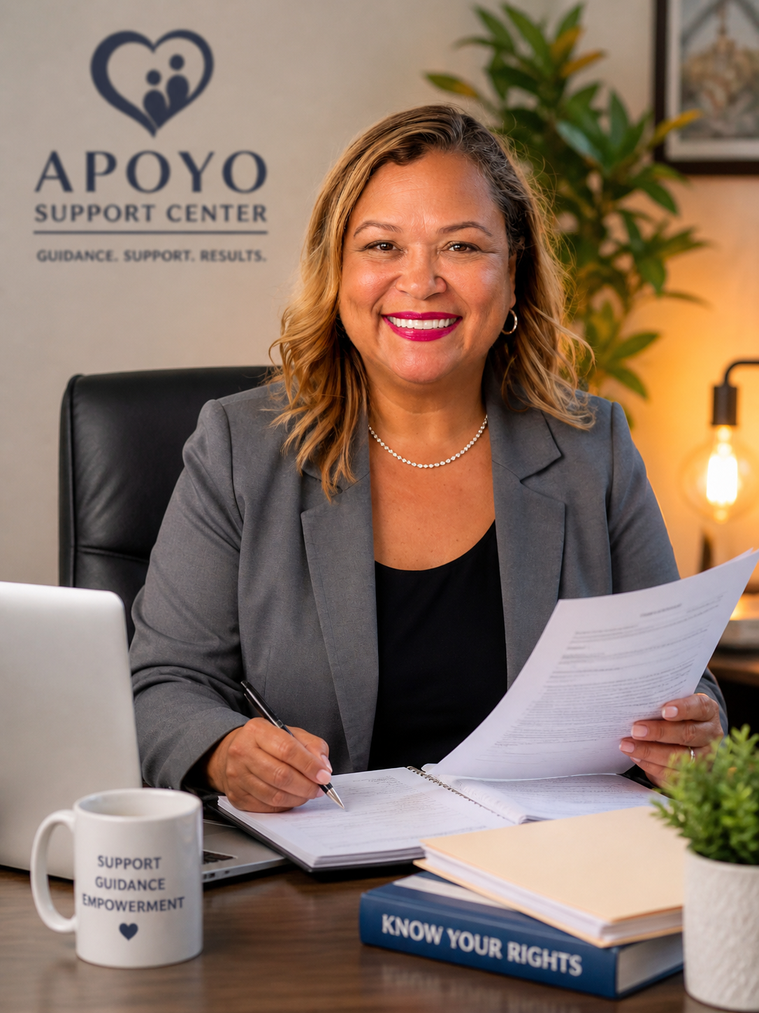 Professional woman in a blazer sits at a desk in front of the APYO Support Center logo, smiling while holding documents.